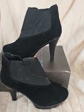 bernie mev. Black Suede High Heel Ankle Booties with Woven Panel